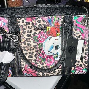 Ed Hardy Black and Pink Skull Shoulder Bag
